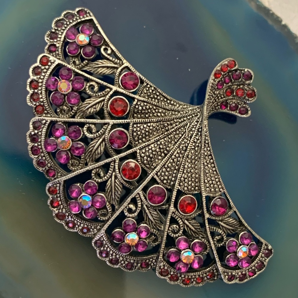 Purple Rhinestone Silver Fan Vintage Brooch Pendant Combo